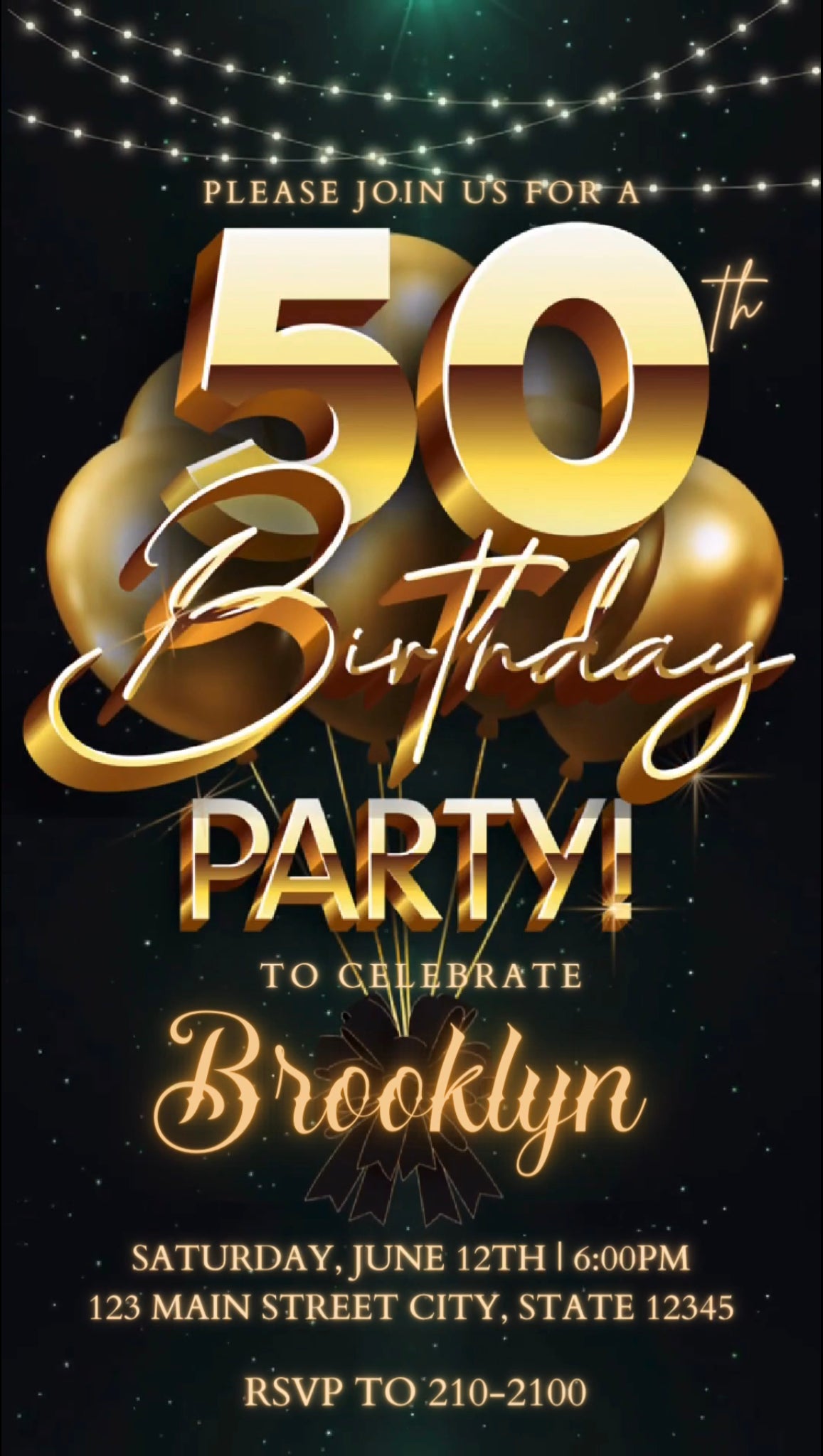 50th Green Birthday Video Invitation, Gold Balloons Invitation, Any Occasion