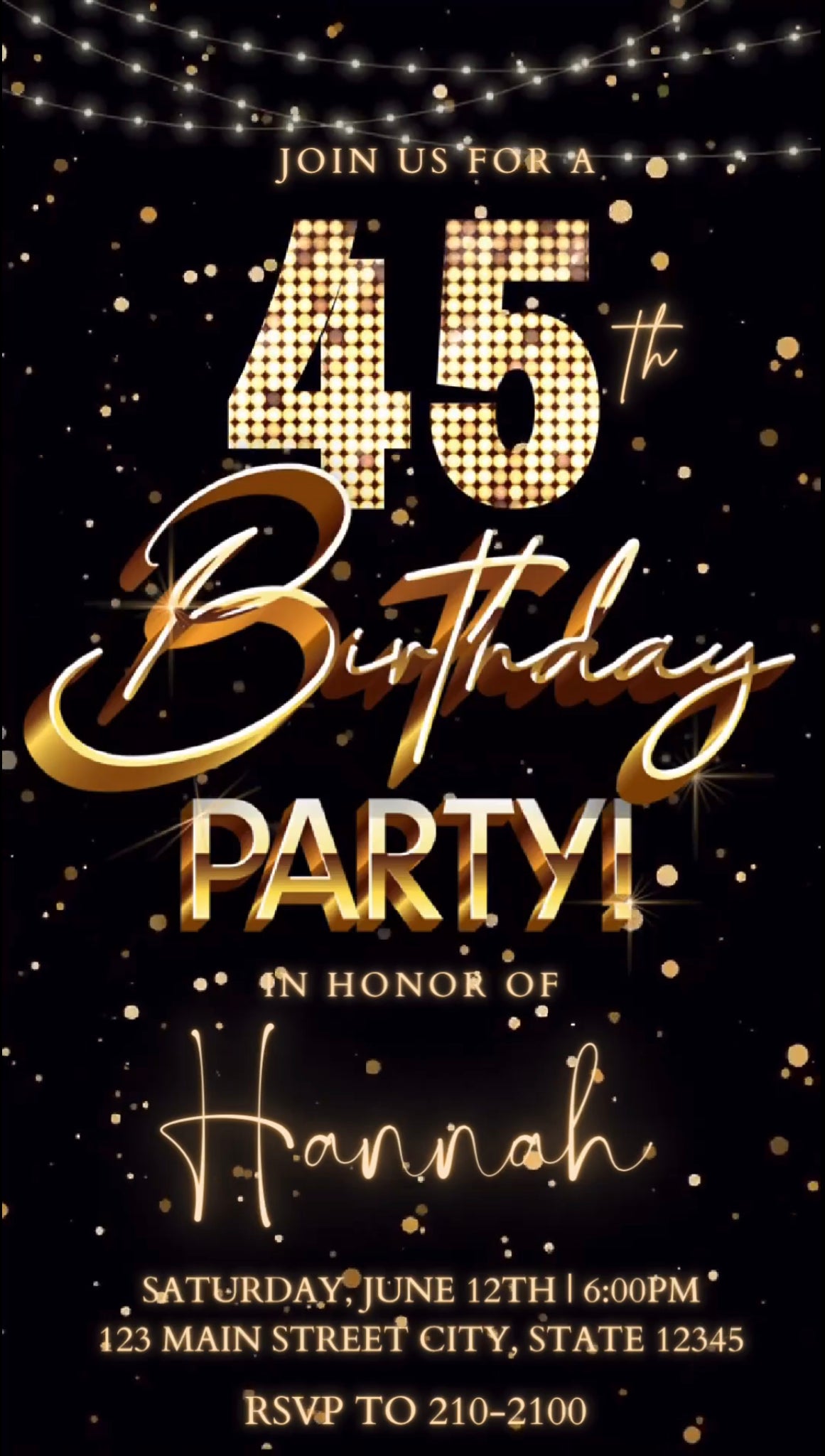 45th Birthday Video Invitation, Gold Marquee Invitation