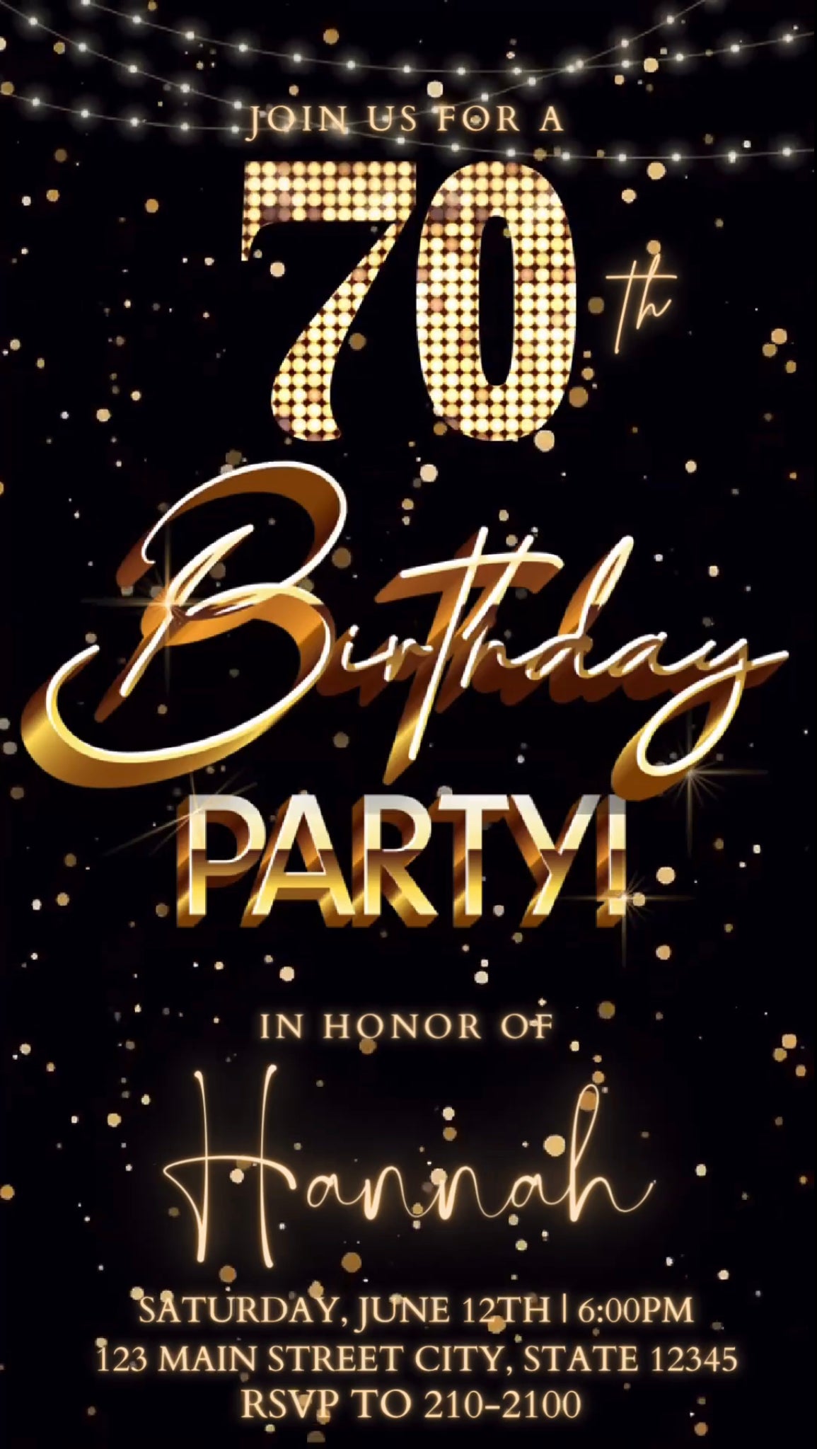 70th Birthday Video Invitation, Gold Marquee Invitation