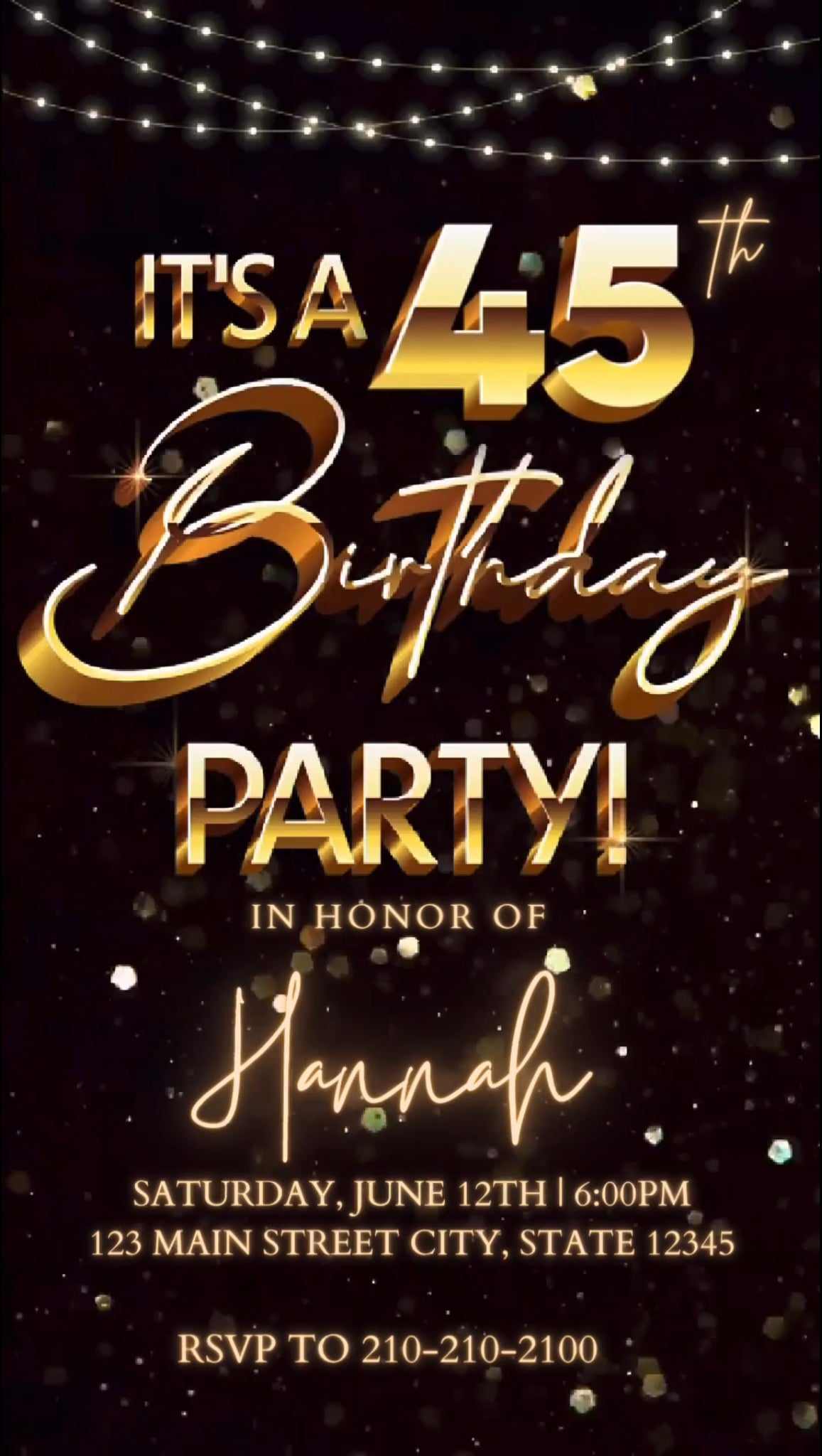 45th Gold Birthday Video Invitation, Gold Glitter Invitation, Any Occasion