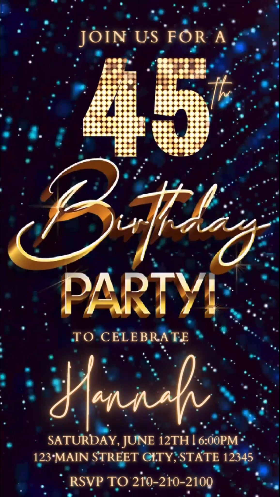 45th Blue Birthday Video Invitation, Blue Glitter Invitation, Any Occasion