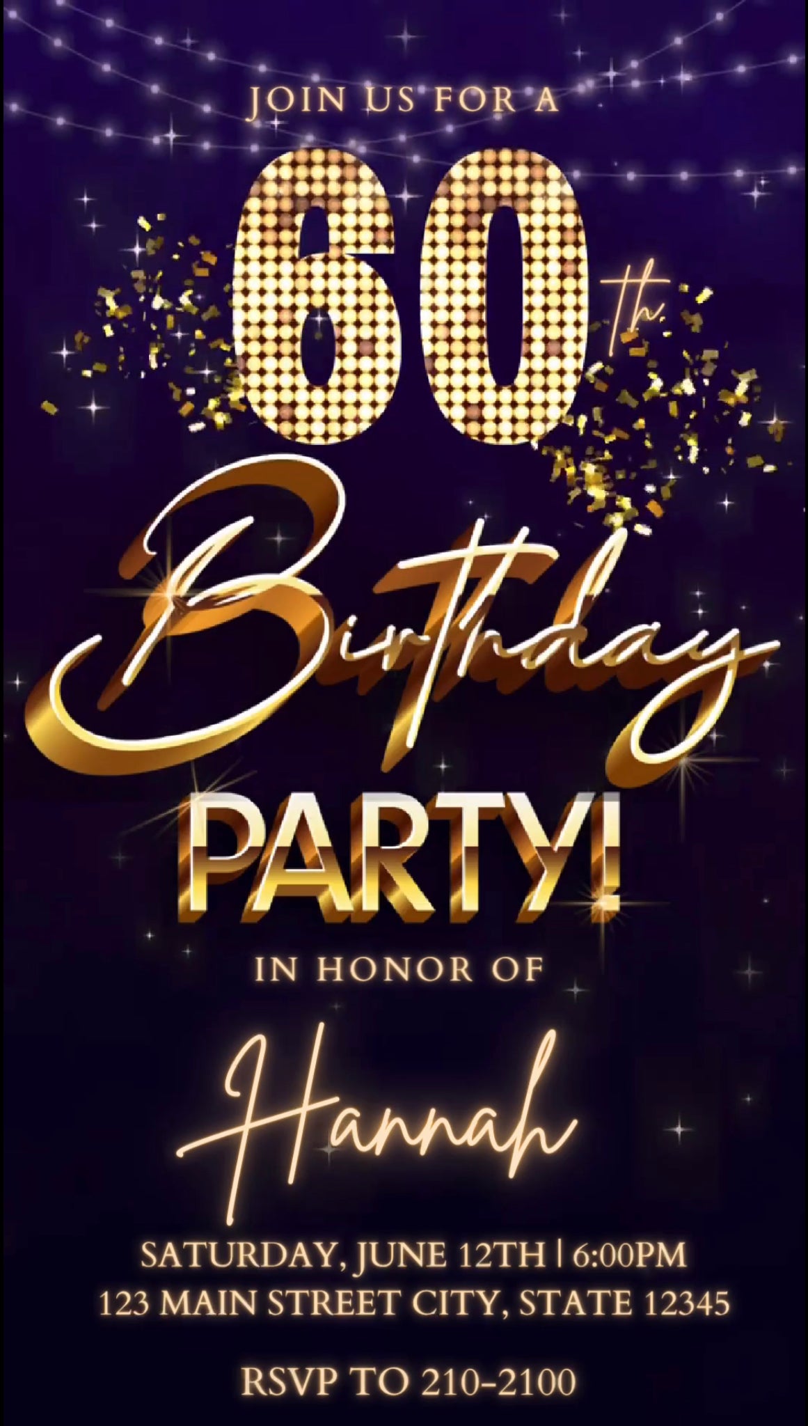 60th Purple Birthday Video Invitation, Purple Glitter Invitation, Any Occasion