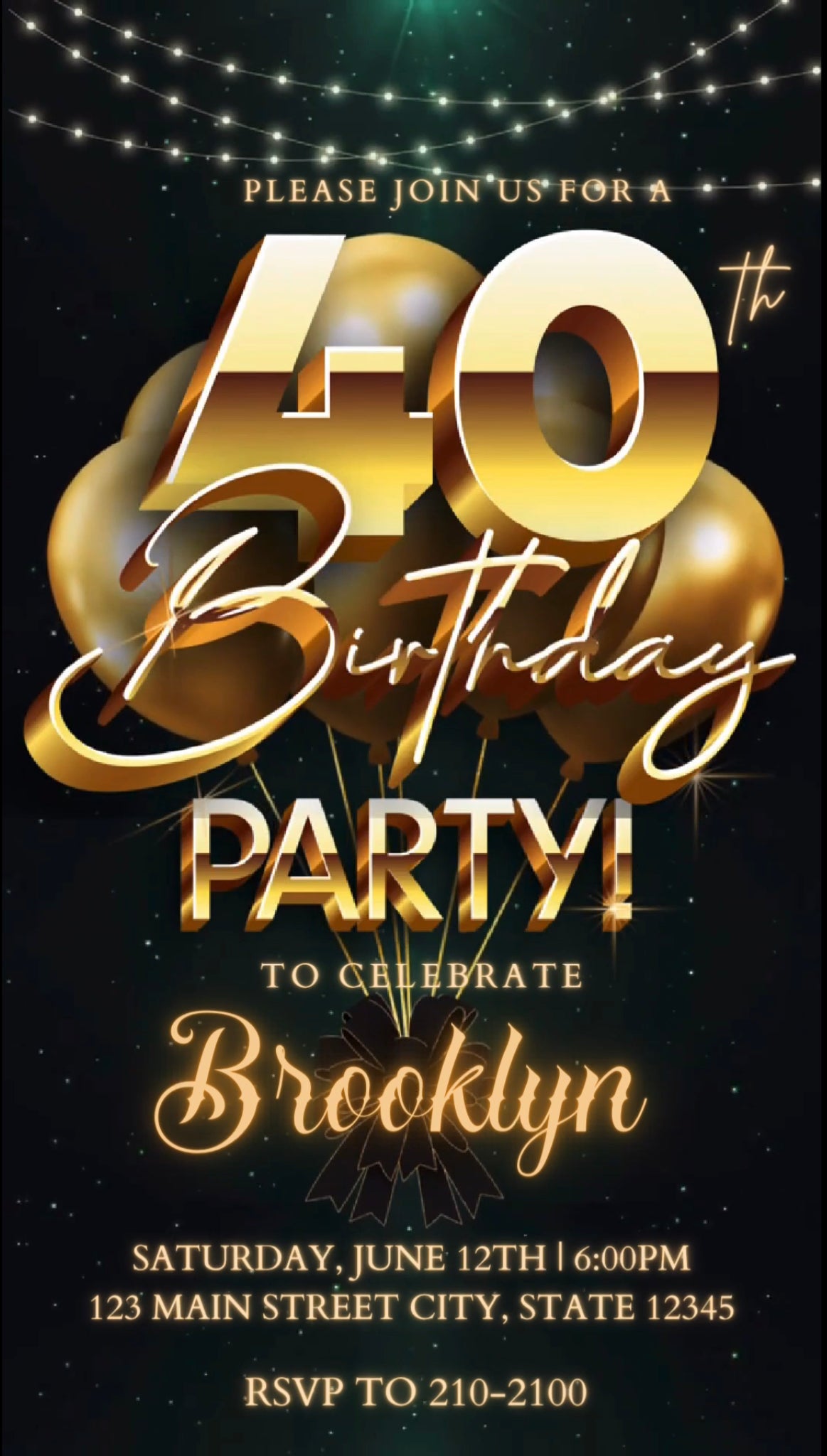 40th Green Birthday Video Invitation, Gold Balloons Invitation, Any Occasion