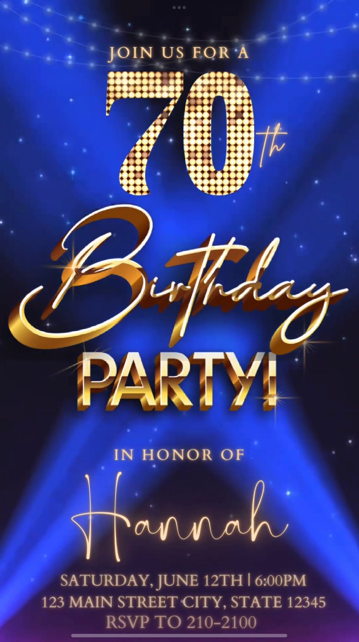 70th Gold Birthday Video Invitation, Movie Glitter Invitation, Any Occasion