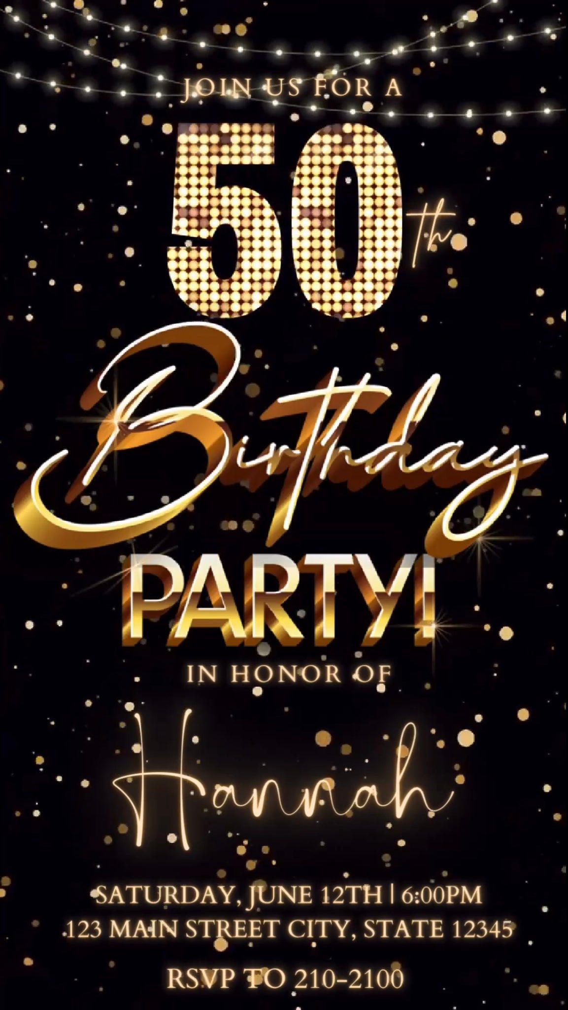 50th Birthday Video Invitation, Gold Marquee Invitation
