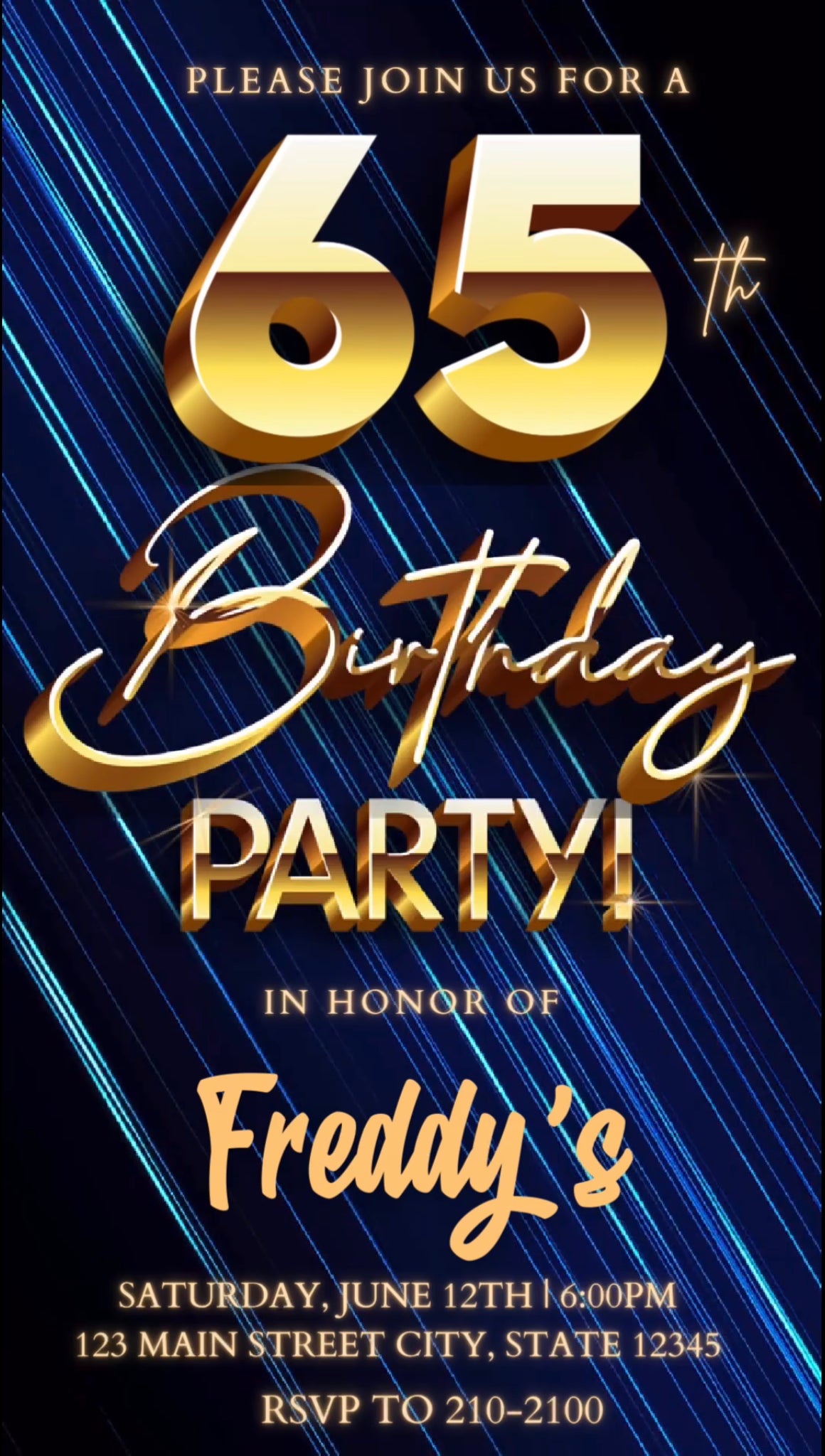 65th Birthday Video Invitation, Blue Shimmer Invitation, Any Occasion