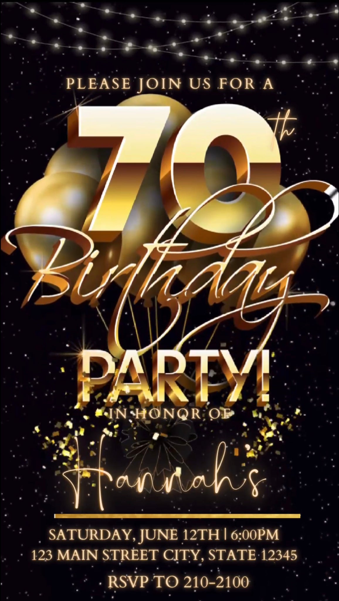 70th Birthday Video Invitation, Gold Balloons Invitation