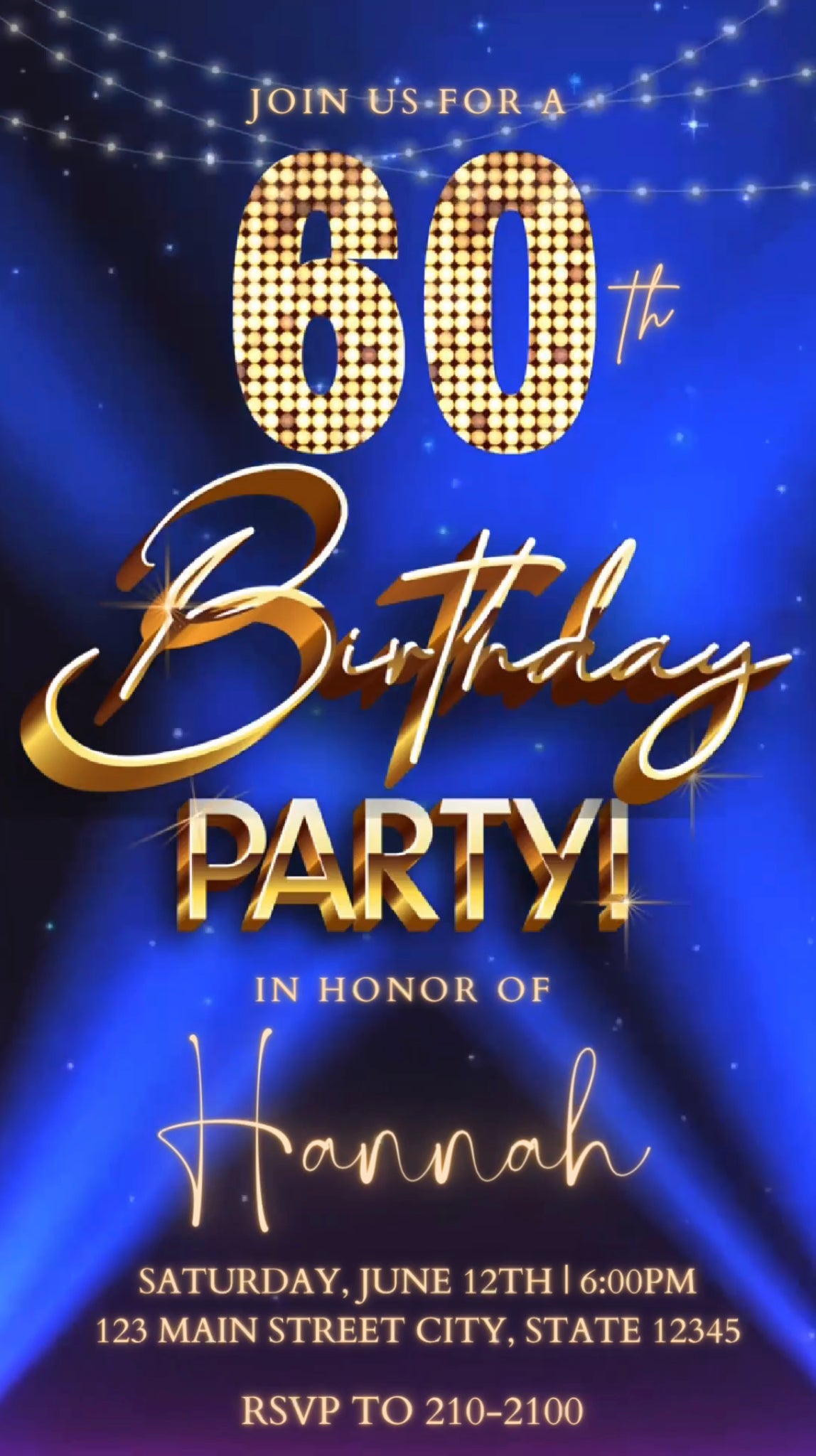 60th Gold Birthday Video Invitation, Movie Glitter Invitation, Any Occasion