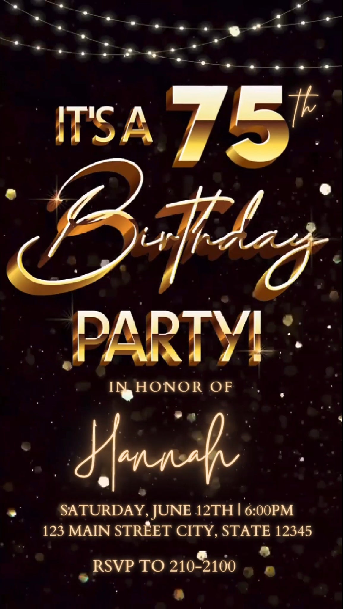 75th Gold Birthday Video Invitation, Gold Glitter Invitation, Any Occasion