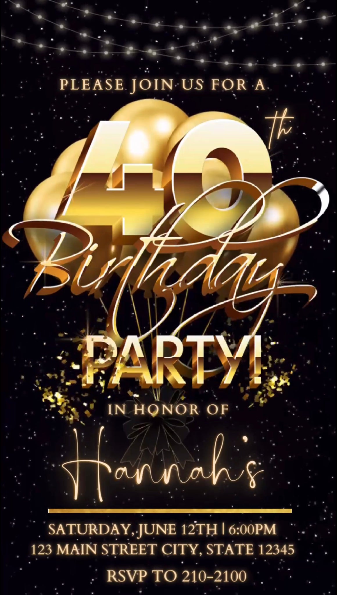 40th Birthday Video Invitation, Gold Balloons Invitation