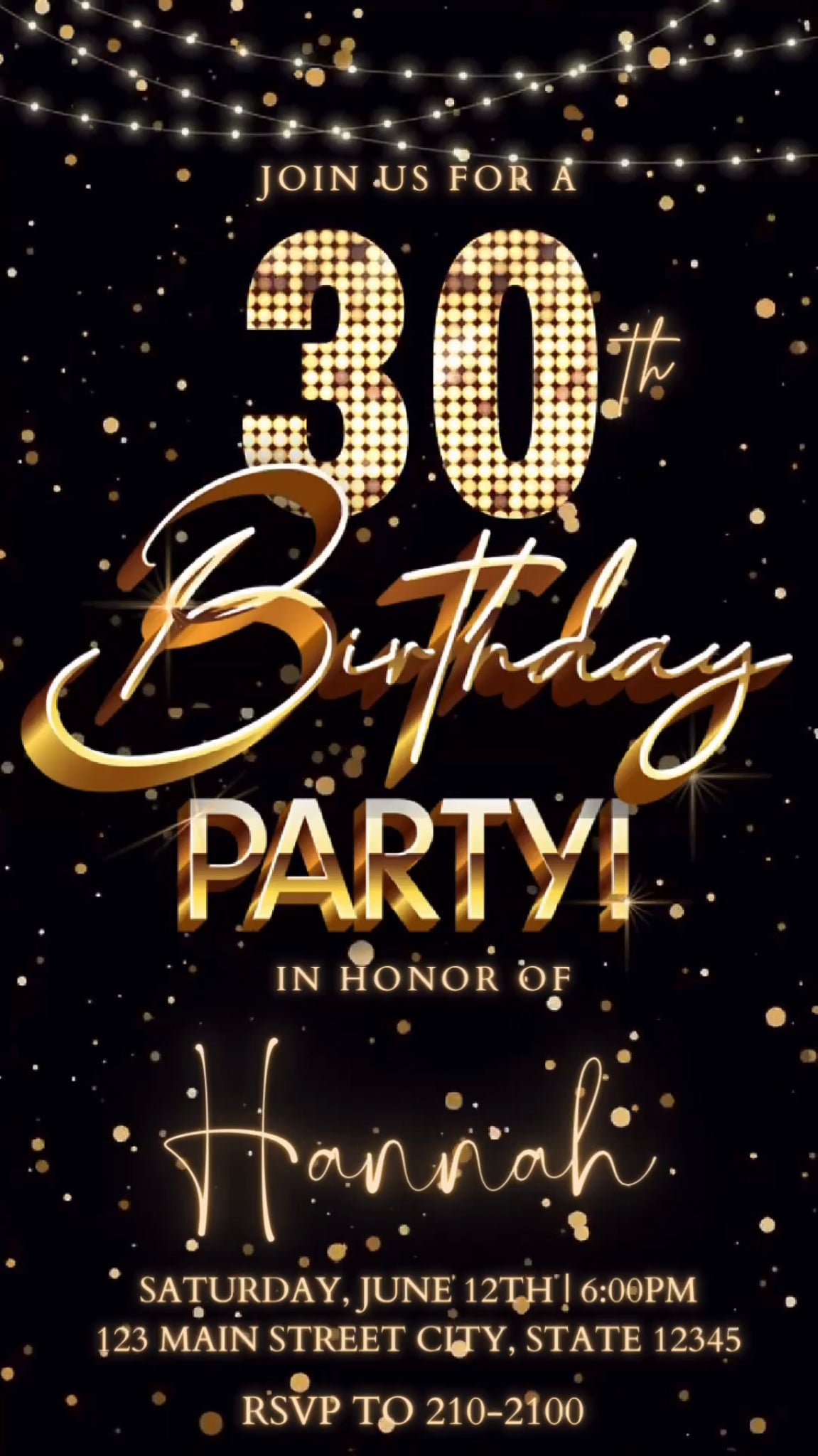 30th Birthday Video Invitation, Gold Marquee Invitation