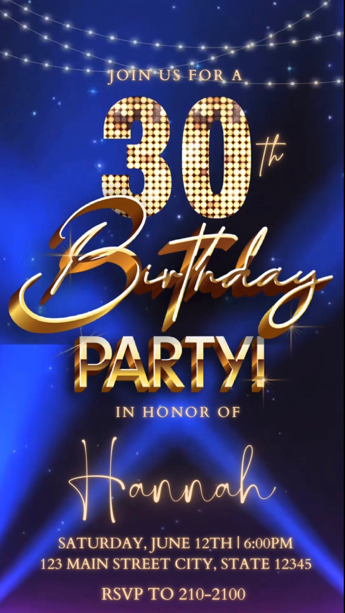 30th Gold Birthday Video Invitation, Movie Glitter Invitation, Any Occasion