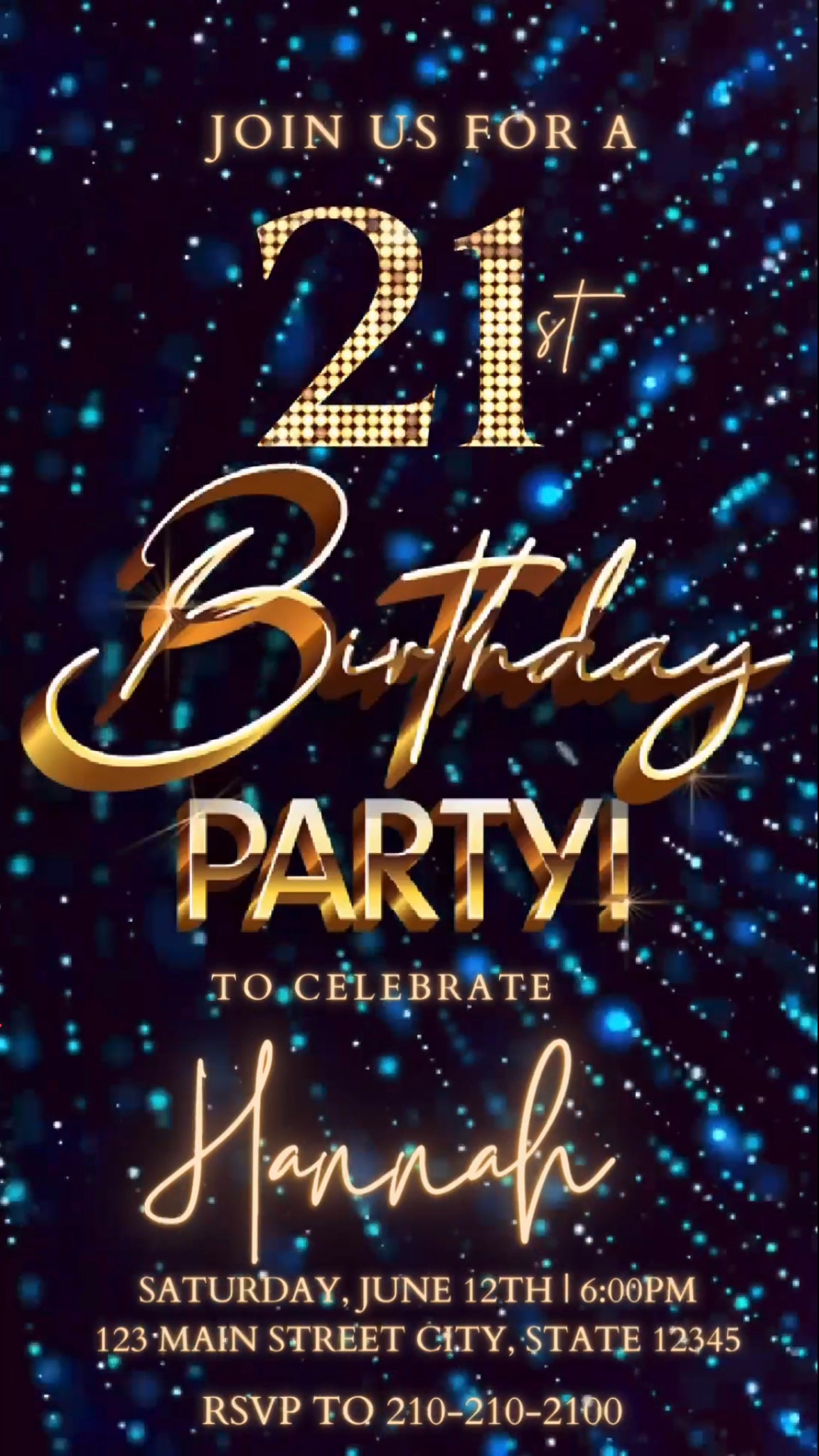21st Blue Birthday Video Invitation, Blue Glitter Invitation, Any Occasion