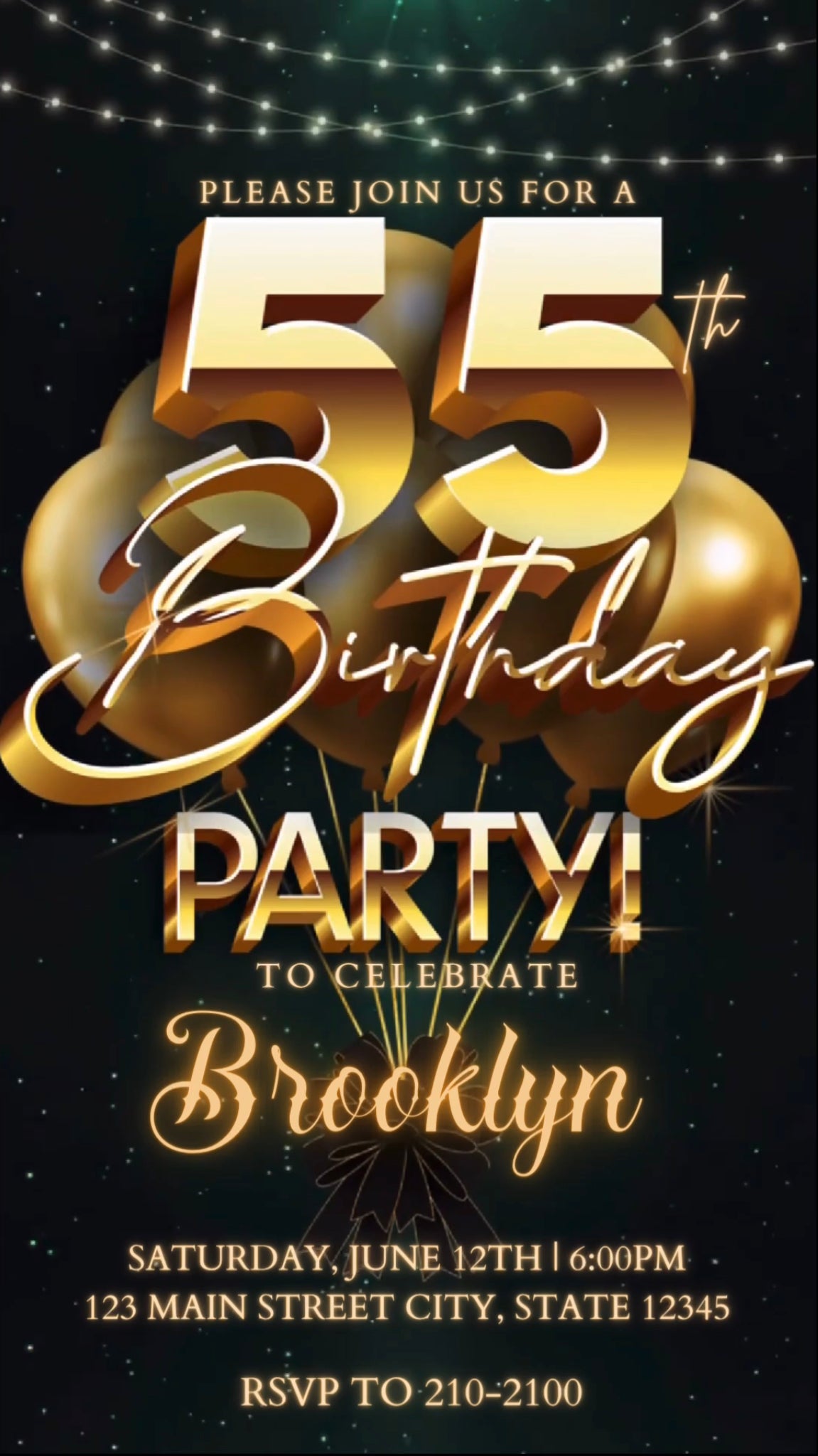 55th Green Birthday Video Invitation, Gold Balloons Invitation, Any Occasion
