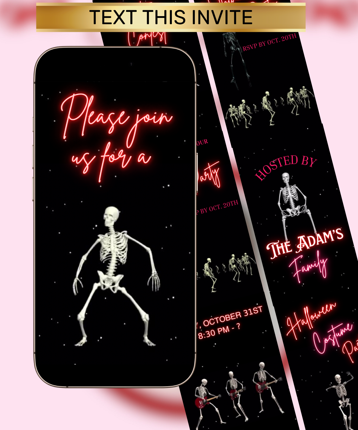 Halloween party invitation with skeleton design and text on a phone and card.