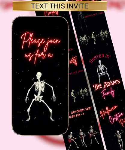 Halloween party invitation with skeleton design and text on a phone and card.