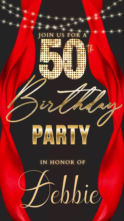 Editable red curtain 50th birthday party video invitation displayed on a mobile phone, featuring an animated vertical digital invite with music, created in Canva. This premium video invitation template is designed for sharing by text, email, and social media and works with an interactive RSVP website for easy guest response tracking.