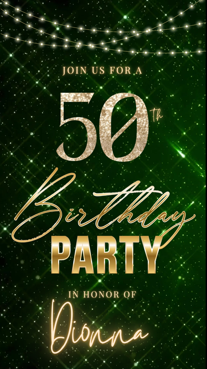 Smaragdgrüne, glitzernde Videoeinladung zum 50. Geburtstag – Bearbeitbare animierte Canva-Einladung