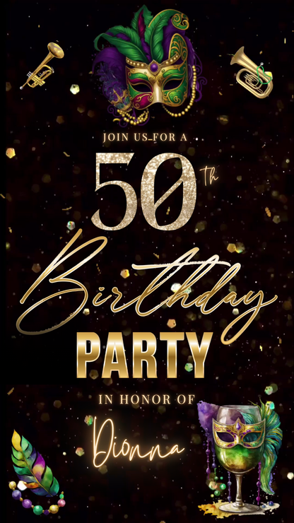 Mardi Gras Masquerade 50th Birthday Video Invitation – Editable Canva Animated