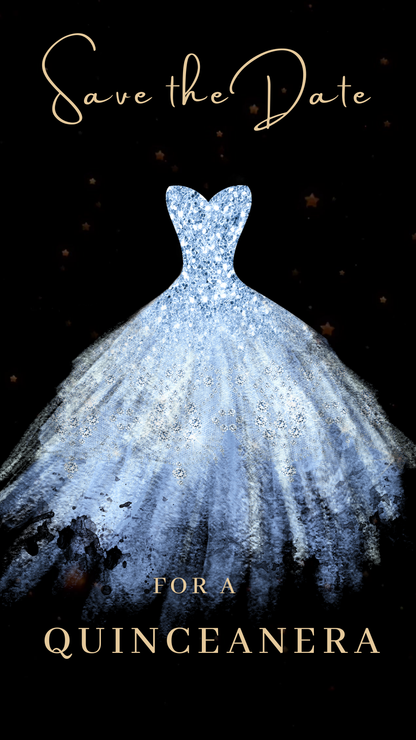 Videoeinladung zur Quinceañera mit hellblauem Glitzerkleid – Bearbeitbare animierte Canva-Einladung