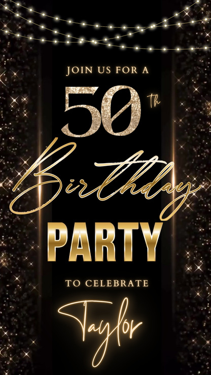 Videoeinladung zum 50. Geburtstag mit schwarzem und goldenem Glitzer – Bearbeitbare animierte Canva-Einladung