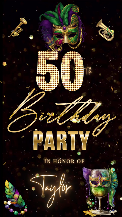 Mardi Gras Masquerade 50th Birthday Video Invitation – Editable Canva Animated Invite