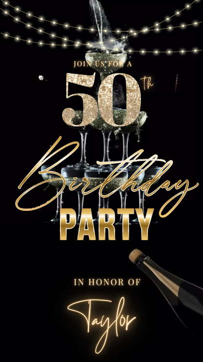 Black Gold Champagne Tower 50th Birthday Video Invitation – Editable Canva Animated Invite