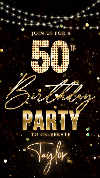 Videoeinladung zum 50. Geburtstag mit schwarzen und goldenen Glitzerlichtern – Bearbeitbare animierte Canva-Einladung