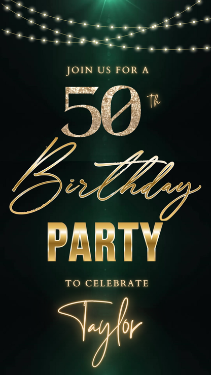 Dark Green Gold String Lights 50th Birthday Video Invitation – Editable Canva Animated Invite