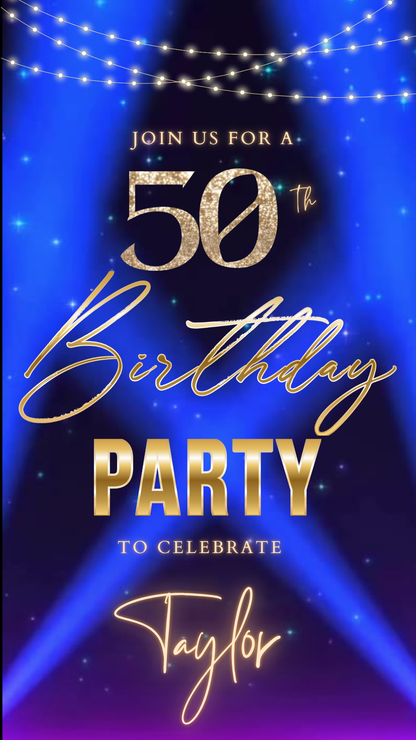 Blue Spotlight 50th Birthday Video Invitation – Editable Canva Animated Invite