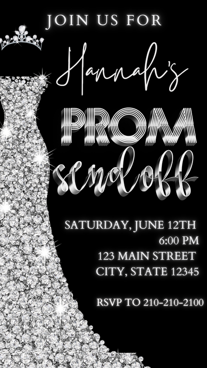 Black Silver Glam Prom Send Off Video Invitation – Editable Canva Animated Invite