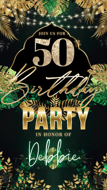Tropical Green Gold 50th Birthday Video Invitation – Editable Canva Animated Invite