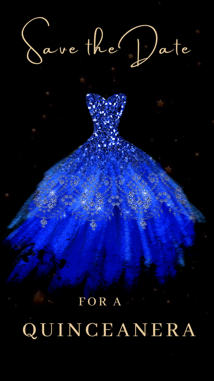 Royal Blue Glitter Dress Quinceañera Video Invitation – Editable Canva Animated Invite