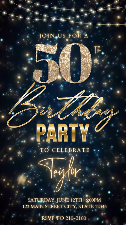 Starry Gold 50th Birthday Video Invitation – Editable Canva Animated Invite