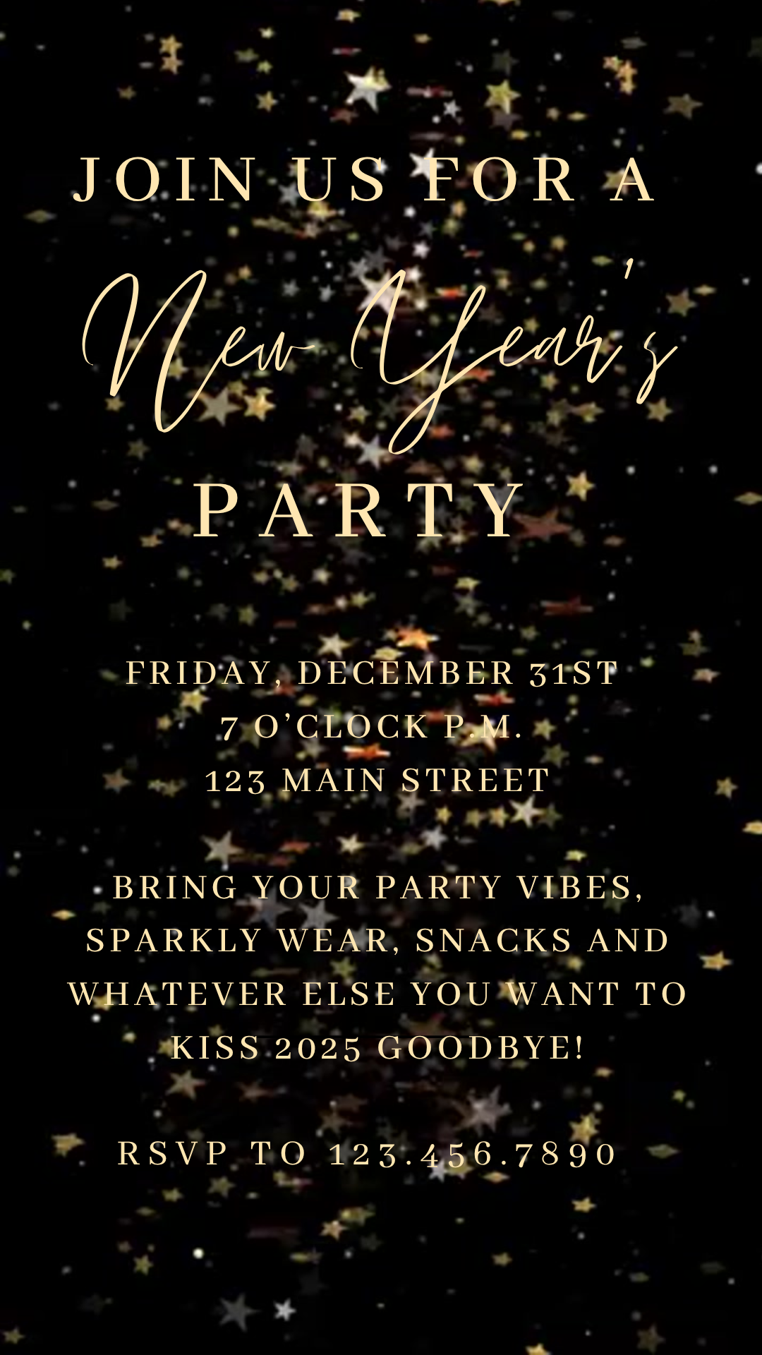Black Gold Stars New Year's Eve Video Invitation | Digital Sparkle Invite | Editable Online Template