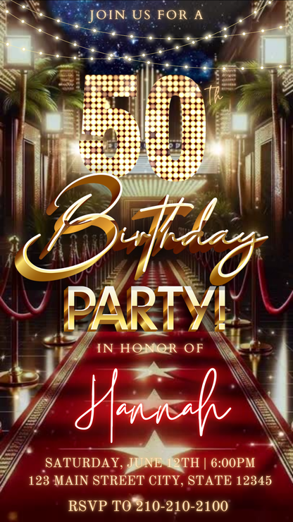 Hollywood Red Carpet 50th Birthday Video Invitation – Editable Canva Animated Invite