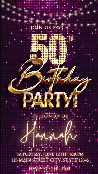 Videoeinladung zum 50. Geburtstag mit Pailletten in Roségold – Bearbeitbare animierte Canva-Einladung