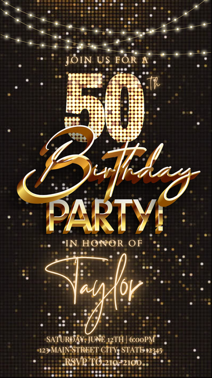 Black Gold Sequin 50th Birthday Video Invitation – Editable Canva Animated Invite