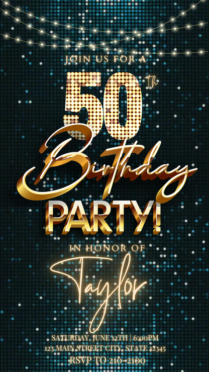 Teal Gold Sequin 50th Birthday Video Invitation – Editable Canva Animated Invite