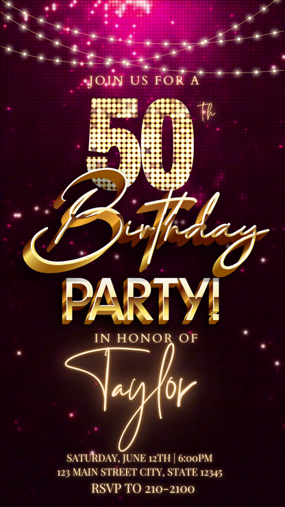Magenta Gold Sequin 50th Birthday Video Invitation – Editable Canva Animated Invite
