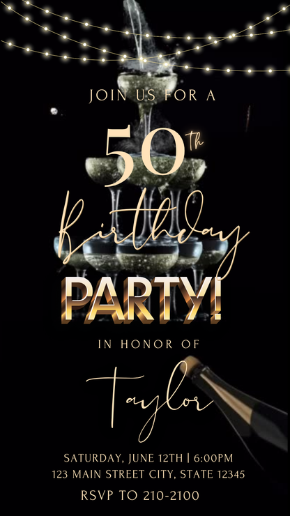 Black and gold with champagne tower Digital Video Invitation