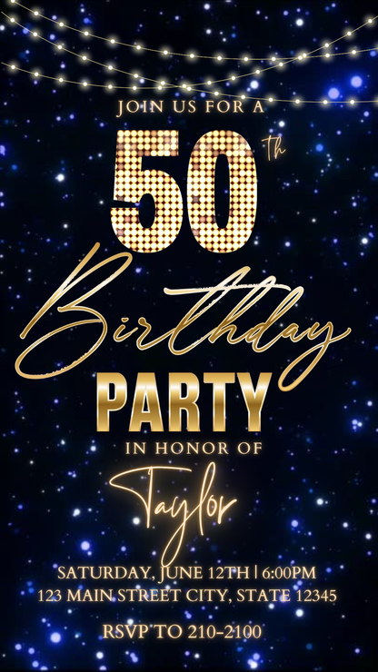 Gold Blue Elegant 50th Birthday Video Invitation – Editable Canva Animated Invite