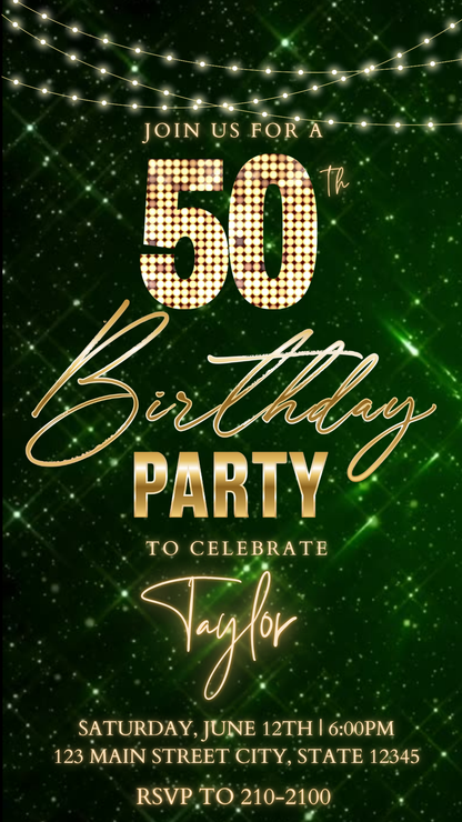 Green Gold Luxury 50th Birthday Video Invitation – Editable Canva Animated Invite