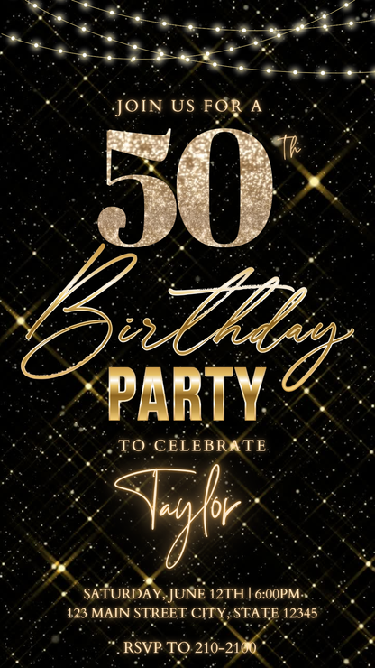 Black Gold Sparkle 50th Birthday Video Invitation – Editable Canva Animated Invite