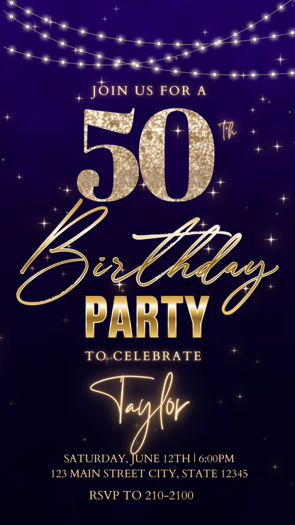 Purple Gold Glam 50th Birthday Video Invitation – Editable Canva Animated Invite