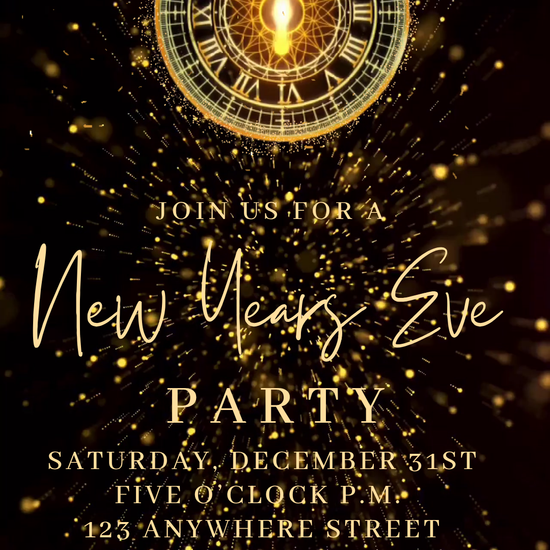 Golden Fireworks New Year's Eve Video Invitation | Digital Midnight Clock Invite | Editable Online Template
