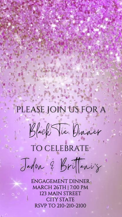 Purple Watercolor Glitter Black Tie Engagement Dinner Video Invitation – Editable Canva Animated Invite