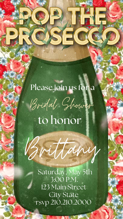 Green Bottle Floral Pop The Prosecco Bridal Shower Video Invitation – Editable Canva Animated Invite