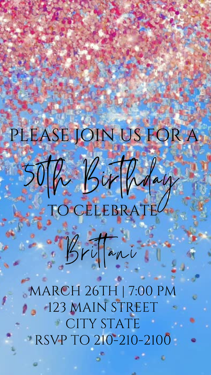 Pink and Blue Watercolor Glitter 50th Birthday Video Invitation – Editable Canva Animated Invite