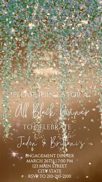 Sage Green and Gold Watercolor Glitter Engagement Dinner Video Invitation – Editable Canva Animated Invite